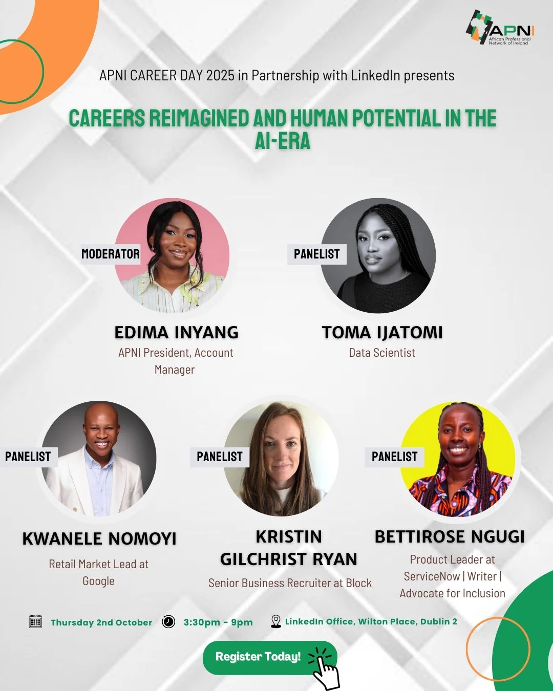 Flier for APNI Career Day 2025 in partnership with LinkedIn, listing Toma Ijatomi as a panellist