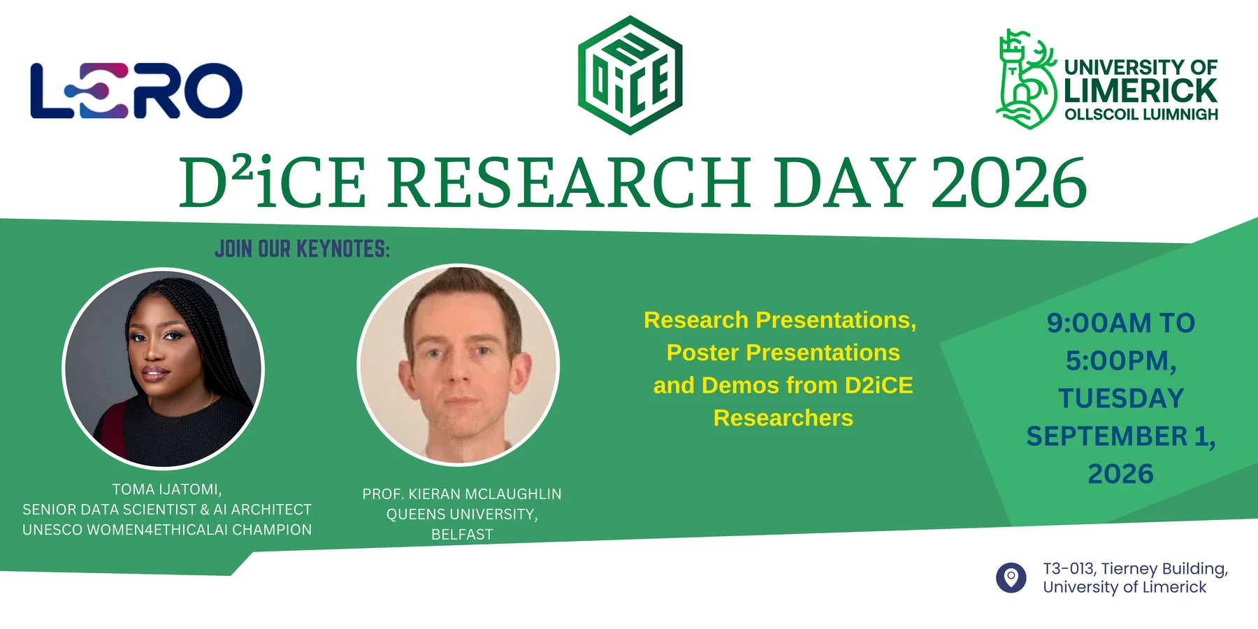Flier for D2iCE Research Day 2026 at the University of Limerick, listing Toma Ijatomi as a keynote speaker