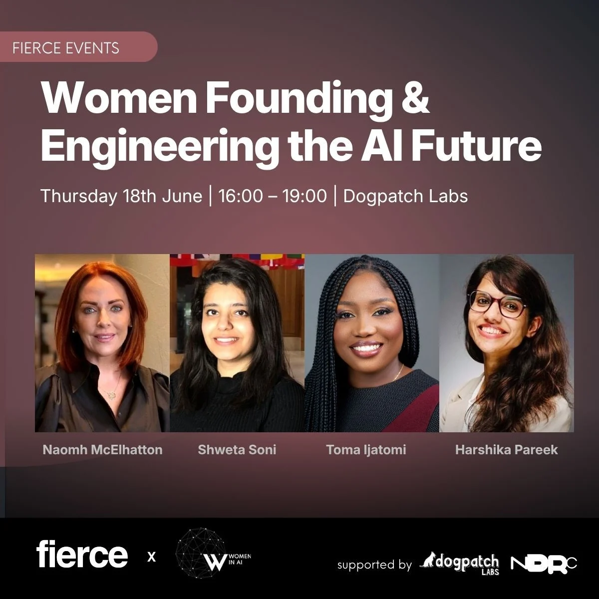 Flier for Women Founding and Engineering the AI Future panel at Dogpatch Labs, listing Toma Ijatomi as a panellist