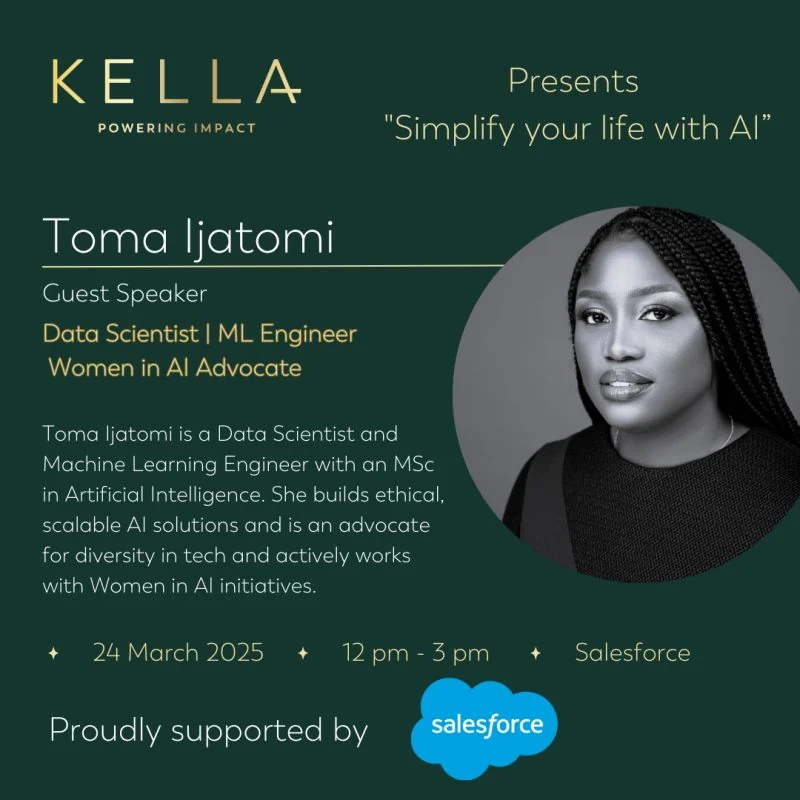 Flier for the Simplify Your Life with AI talk by Toma Ijatomi, hosted by Kella at Salesforce