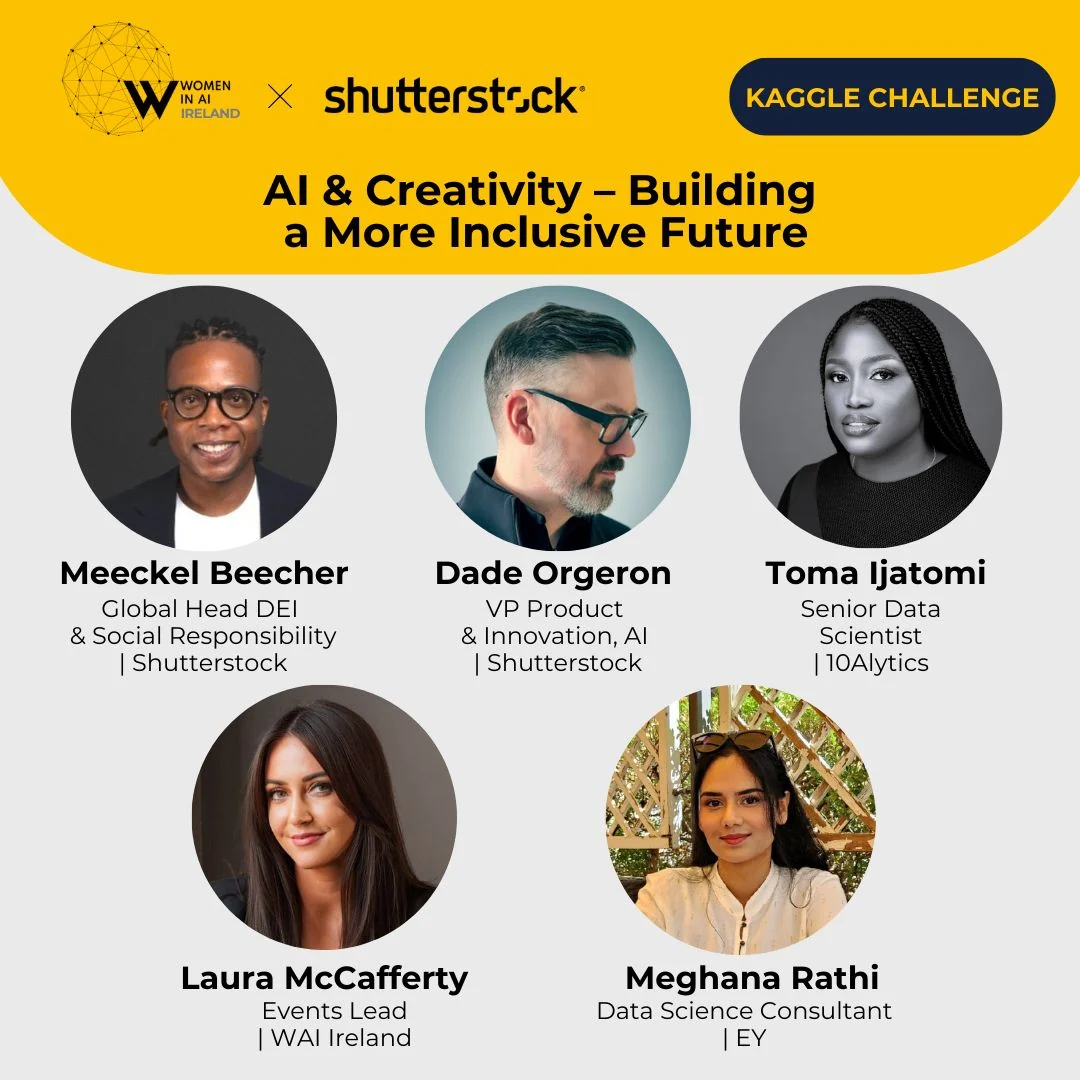Flier for the AI and Creativity panel, Women in AI Ireland and Shutterstock, listing Toma Ijatomi as a speaker